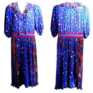 Vintage Diane Fres Dress Blue Abstract Floral V Neck Pleat
